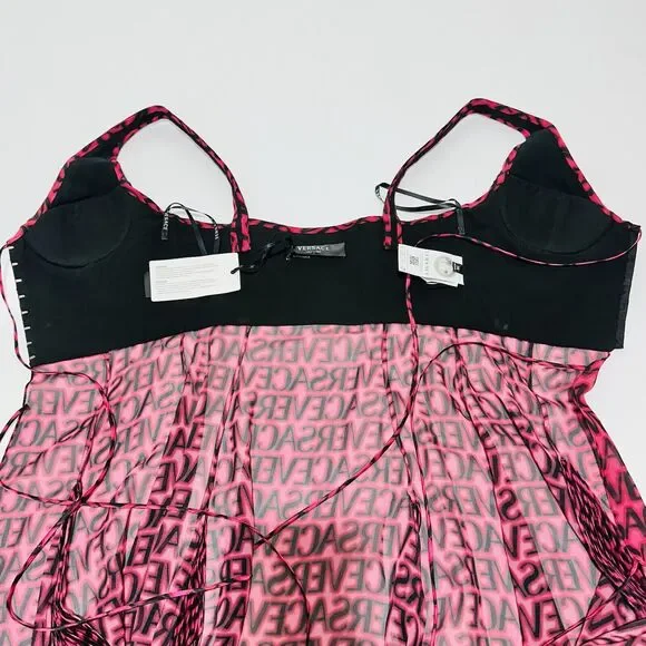 NWT Versace Runway Plisse Silk Dress IT 44 US 8 All Over Logo Red Black $5,425